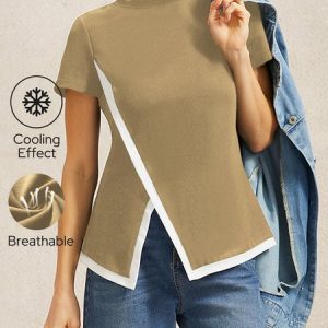 Better Basics Cooling Breathable Split Hem Tee, Tees, color:Light Khaki|size:XXL, Stylewe