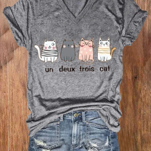 Women's Un Deux Trois Cat Printed Short Sleeve T-Shirt, T-shirts, Lilicloth.com