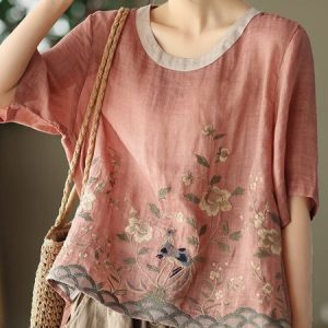 Women Linen Shirt Crew Neck Short Sleeve Floral Regular Loose Blouse, Blouses, color:Pink|size:XXL, catalog Noracora shop