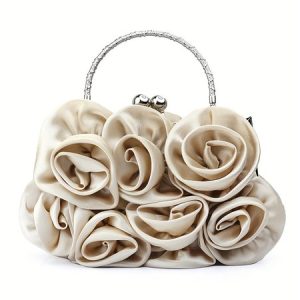 Elegent Flower Decorated Satin Metal Handle Evening Clutch with Chain Strap, Bags, color:Champagne|size:One-size, Stylewe