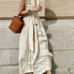 Vacation Plain V Neck Linen Dress With Belt, Maxi Dresses, color:Off White|size:XL, Stylewe