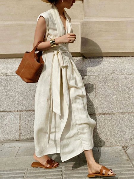 Vacation Plain V Neck Linen Dress With Belt, Maxi Dresses, color:Off White|size:XL, Stylewe