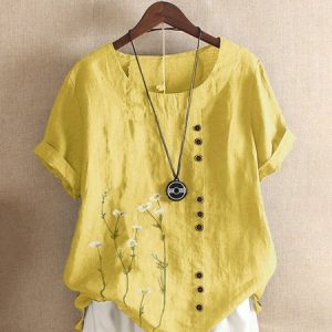 Women's Shirt Linen Shirt Blouse Cotton Floral Graphic Button Daily Roll Up Short Sleeve Casual Crew Neck Regular Fit Summer Spring Fall, Blouses & Shirts, Roselinlin - Online Catalog