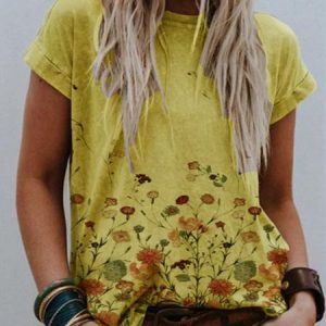 Khaki Simple Round Neck Printed Cotton-Blend Tee, Tees & T-shirts, Roselinlin - Online Catalog