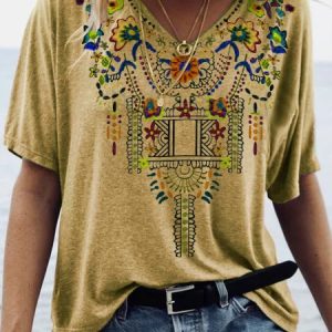 Printed V Neck Boho Blouse, Tees & T-shirts, Roselinlin - Online Catalog