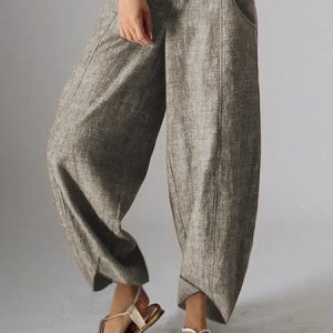 Pockets Natural Casual Plain Linen Pants, Pants, Roselinlin - Online Catalog