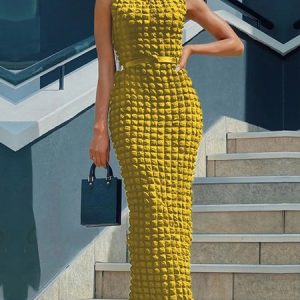 Urban Plain Stand Collar Regular Fit Sleeveless Dress, Maxi Dresses, color:Yellow|size:XXL, Stylewe