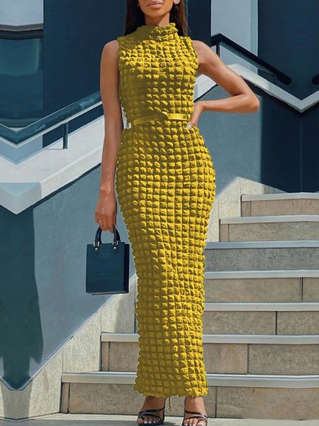 Urban Plain Stand Collar Regular Fit Sleeveless Dress, Maxi Dresses, color:Yellow|size:XXL, Stylewe
