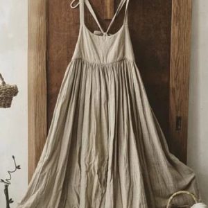 Vintage Plain U-Neck Sleeveless Plus Size Casual Weaving Dress, Midi Dresses, Roselinlin - Online Catalog