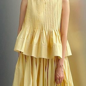 Pleated Plain Urban Crew Neck Sleeveless Shirt, Blouses and Shirts, color:Yellow|size:XL, Stylewe