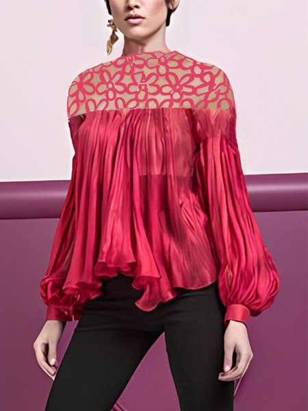 Half Turtleneck Elegant Plain Loosen Shirt, Blouses and Shirts, color:Red|size:XXL, Stylewe