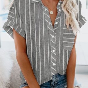 Shirt Collar Cotton-Blend Short Sleeve Blouse, Blouses & Shirts, Roselinlin - Online Catalog