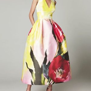 Elegant Floral V Neck Sleeveless Midi Dress, Midi Dresses, color:As Picture|size:XXL, Stylewe