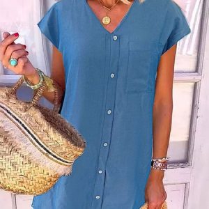 Casual Loose V Neck Vintage Short Sleeve Plain Mini Denim Blue Dress, Midi Dresses, Roselinlin - Online Catalog
