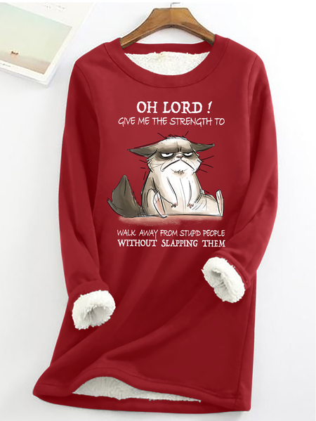 Women's Funny Word Oh Lord Give Me The Strength To Walk Away From Stupid People Without Slapping Them Cat Casual Crew Neck Sweatshirt, Hoodies&Sweatshirts, Lilicloth.com