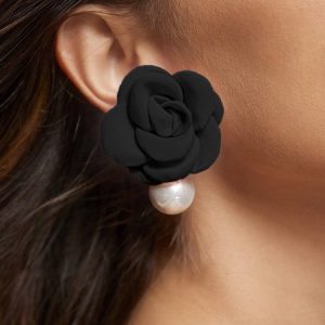 Elegant Flower Imitation Pearl Dangle Earrings, Earrings, color:Black|size:One-size, Stylewe