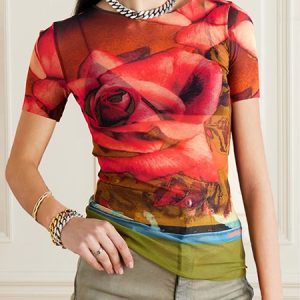 Crew Neck Tight Floral Urban Short Sleeve T-Shirt, Tees, color:As Picture|size:XXL, Stylewe