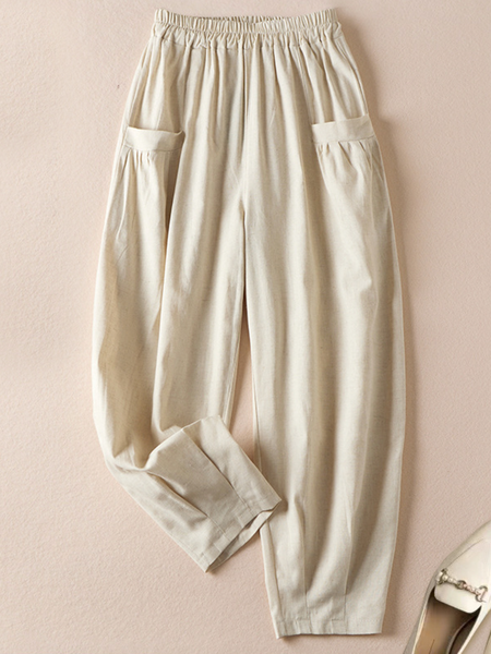 Women's Slacks Baggy Cropped Pants Linen Plain Pocket Baggy Micro-elastic Waist Streetwear Casual Vacation Casual Daily Summer Spring, Pants, Roselinlin - Online Catalog