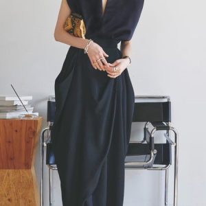 Urban V Neck Ruched Plain Dress, Maxi Dresses, color:Black|size:XL, Stylewe