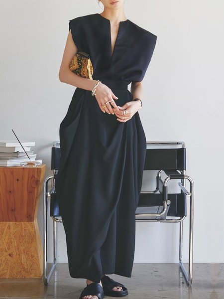 Urban V Neck Ruched Plain Dress, Maxi Dresses, color:Black|size:XL, Stylewe