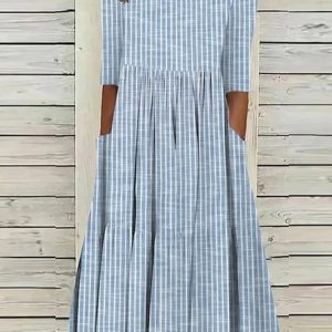 Women Casual Dress Striped Crew Neck Half Sleeve Comfy Midi Dress, Dresses, color:Blue|size:XXL, catalog Noracora shop