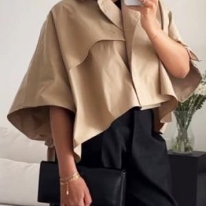 Plain Shirt Collar Loose Urban Blouse, Blouses and Shirts, color:Khaki|size:XXL, Stylewe