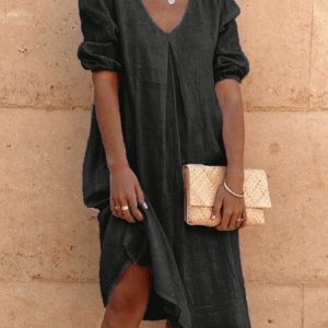 New Women Chic Vintage Boho Hippie Holiday 3/4 Sleeve Plain Shift Casual Women Dress, Midi Dresses, Roselinlin - Online Catalog