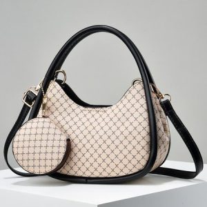 Geometric Plaid Boston Handbag Colorblock Crossbody Bag with Coin Purse, Bags, color:Beige|size:One-size, Stylewe