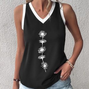Casual Floral Loose V Neck Color Block Tank Top, Tank Tops & Camis, Roselinlin - Online Catalog