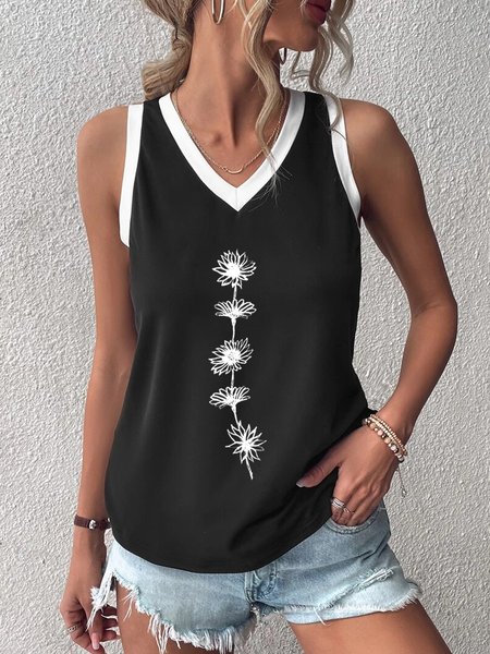 Casual Floral Loose V Neck Color Block Tank Top, Tank Tops & Camis, Roselinlin - Online Catalog
