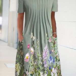 Floral A-Line Short Sleeve Crew Neck Knitting Dress, Midi, color:Green|size:3XL, catalog Noracora shop