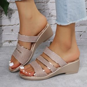 Casual Plain Slip On Block Heel Wedge Sandals, Women shoes, color:Golden|size:40, catalog Noracora shop