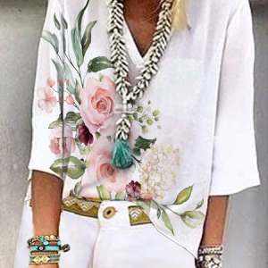 Women Floral Loose V Neck Casual Half Sleeve Top, Blouses & Shirts, Roselinlin - Online Catalog