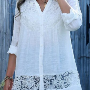 Lace Stitch Long Sleeve V-neck Button Blouse for Women, Blouses & Shirts, Roselinlin - Online Catalog