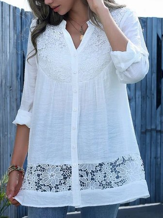 Lace Stitch Long Sleeve V-neck Button Blouse for Women, Blouses & Shirts, Roselinlin - Online Catalog