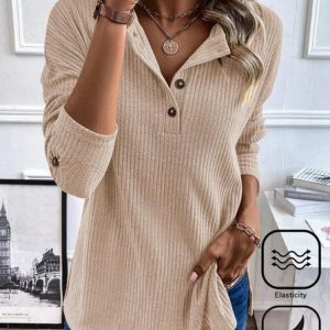 Women's Long Sleeve Tee T-shirt Spring/Fall Plain Buckle Crew Neck Daily Going Out Casual Top, JustFashionNow T-Shirts, color:Khaki|size:XXL,