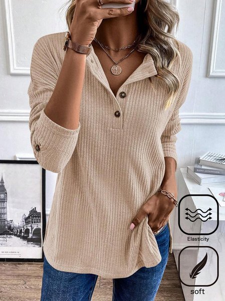 Women's Long Sleeve Tee T-shirt Spring/Fall Plain Buckle Crew Neck Daily Going Out Casual Top, JustFashionNow T-Shirts, color:Khaki|size:XXL,