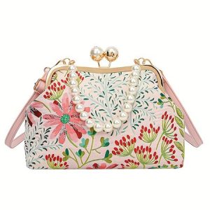 Elegant Imitation Pearl Beaded Handbag Floral Clutch Bag with Detachable Crossbody Strap, Bags, color:Pink|size:One-size, Stylewe