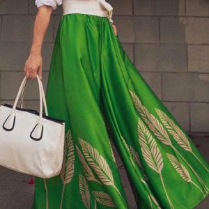 High Waist Vacation Leaf Fashion Wide leg  Pants, Pants, color:Green|size:XXL, Stylewe