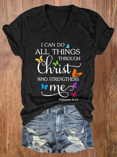 Women's I Can Do All Things Through Christ Who Strengthens Me Print V Neck T-shirt, T-shirts, Lilicloth.com