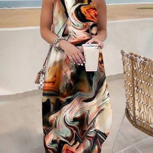 Random Print Vacation Spaghetti Long Dress, Maxi Dresses, color:As Picture|size:XXL, Stylewe