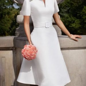 Elegant Plain Regular Fit Shirt Dress With Belt, Midi Dresses, color:White|size:XXL, Stylewe