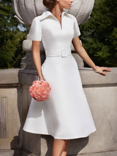 Elegant Plain Regular Fit Dress With Belt, Midi Dresses, color:White|size:XXL, Stylewe