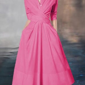 Shirt Collar Regular Fit Elegant Solid Dress, Midi Dresses, color:Deep Pink|size:XXL, Stylewe