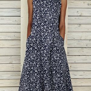 Women Floral Pockets Maxi Dress Crew Neck Sleeveless Dress, Maxi Dresses, Roselinlin - Online Catalog