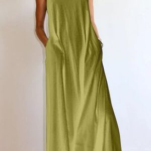 Round Neck Loose Solid Sleeveless Maxi Summer Dress with Pockets, Maxi Dresses, Roselinlin - Online Catalog