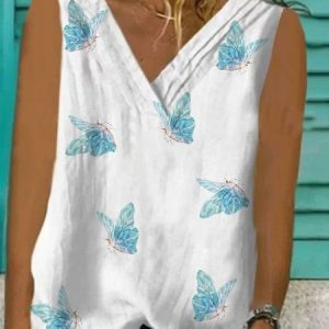 Sleeveless V Neck Cotton-Blend Tank Top, Blouses & Shirts, Roselinlin - Online Catalog