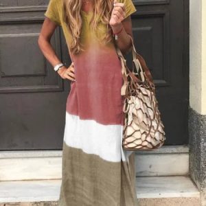 Women Short Sleeve V Neck Vintage Gradient Striped Casual Knitting Dress, Maxi Dresses, Roselinlin - Online Catalog