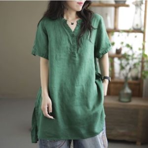 Notched Casual Plain Cotton-Blend Blouse, Blouses & Shirts, Roselinlin - Online Catalog