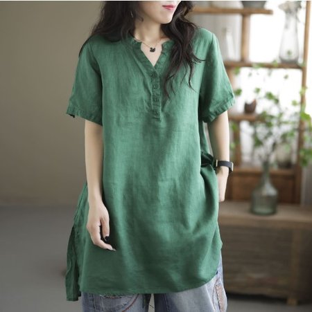 Notched Casual Plain Cotton-Blend Blouse, Blouses & Shirts, Roselinlin - Online Catalog